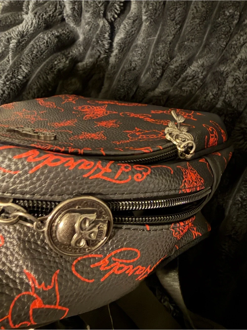 Ed Hardy Black Mini Backpack with Red Graphic Logo Print